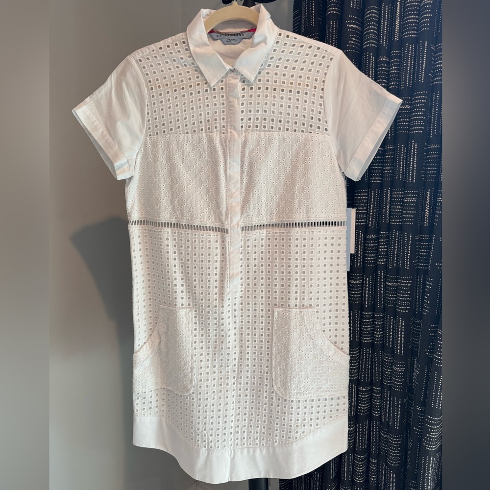 Shirtdress 100% Cotton White Eyelet Lace Style Lightweight Mini Shift Dress sz 6